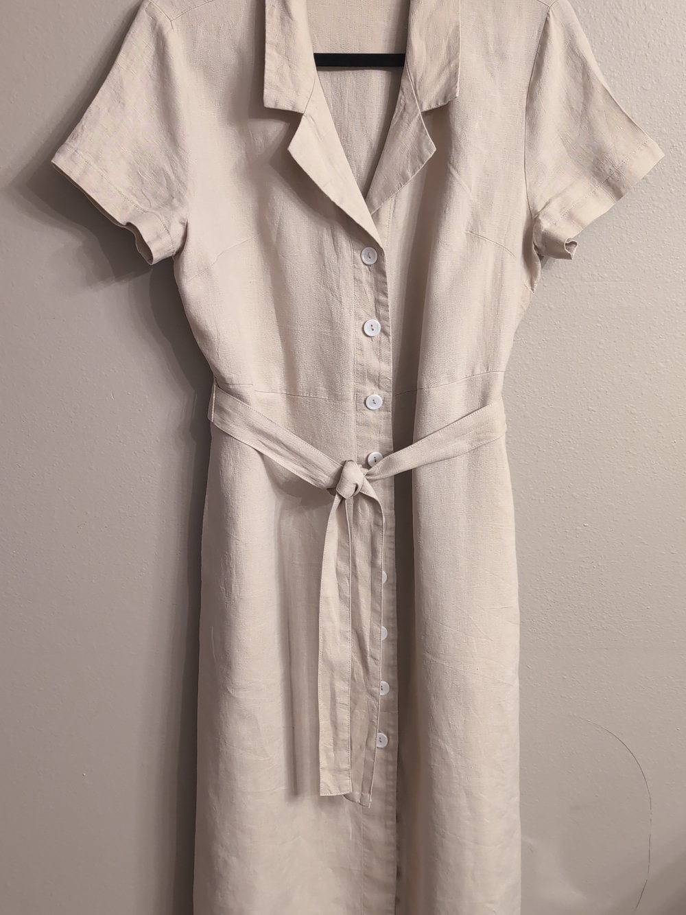 Quince Cream Button-Front Midi Dress with Tie Waist